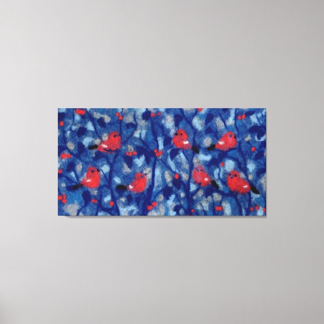Bullfinen, Rote Vögel, blaue Waldbäume Kunst Leinwanddruck (Vorderseite)
