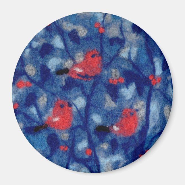 Bullfinen, Rote Vögel, blaue Waldbäume Kunst Magnet (Vorne)