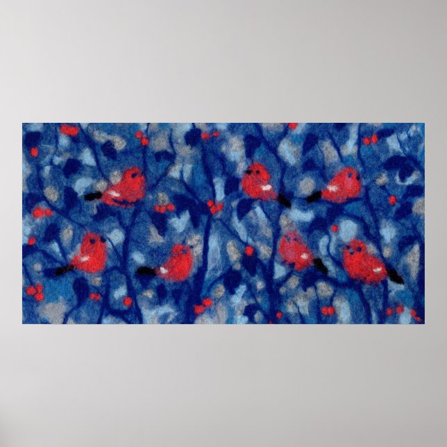 Bullfinen, Rote Vögel, blaue Waldbäume Kunst Poster (Vorne)