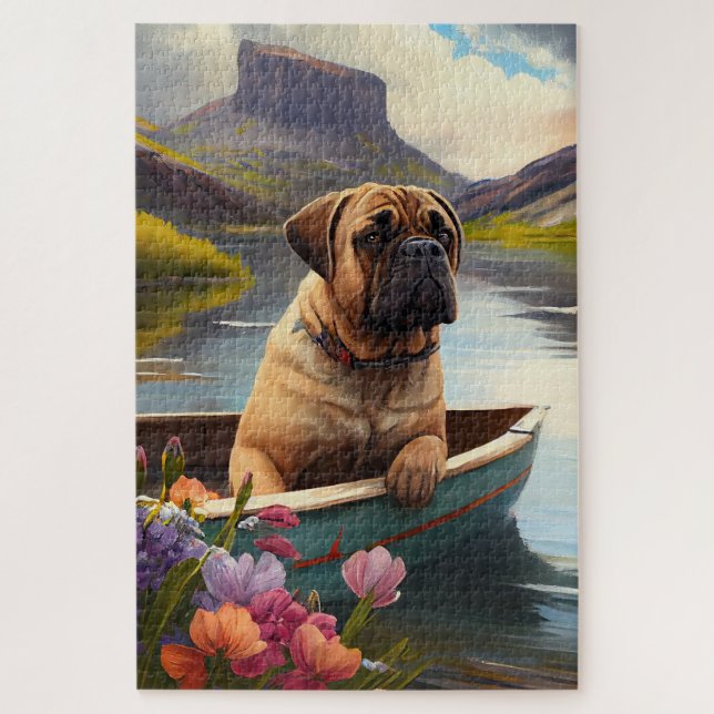 Bullmastiff auf einem Paddel: Ein Landschaftliches (Vertikal)