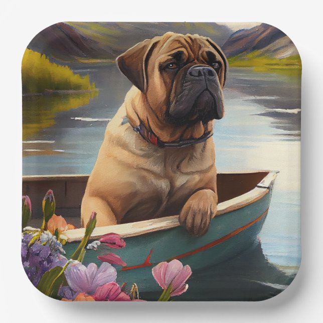 Bullmastiff auf einem Paddel: Ein Landschaftliches Pappteller (Vorderseite)