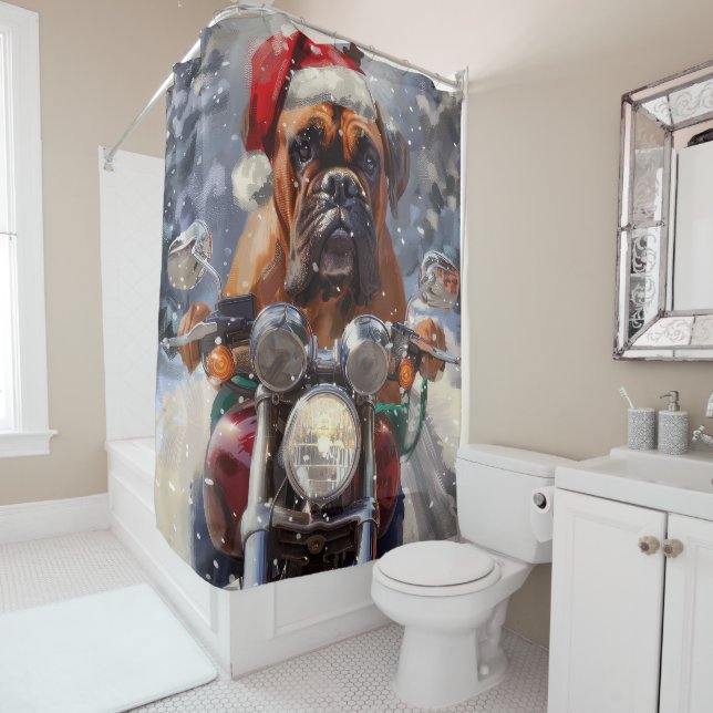 Bullmastiff Dog Riding Motorrad Weihnachten Duschvorhang (Beispiel)