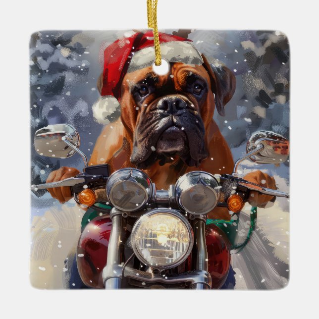 Bullmastiff Dog Riding Motorrad Weihnachten Keramikornament (Vorderseite)
