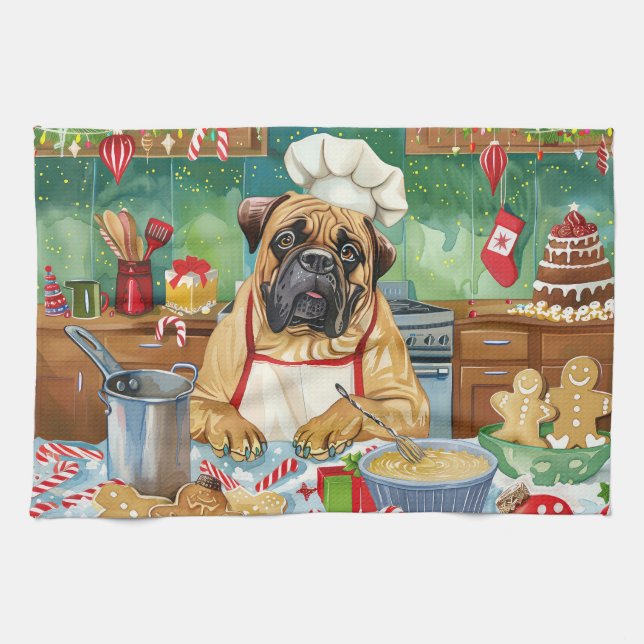 Bullmastiff Holiday Baking: Festliche Weihnachten Geschirrtuch (Horizontal)