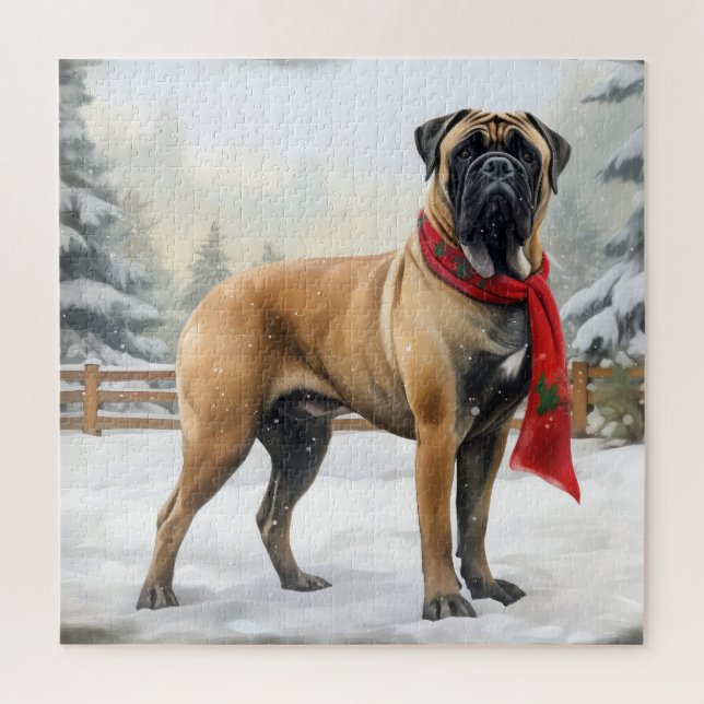 Bullmastiff Hund im Schnee Weihnachten (Vertikal)