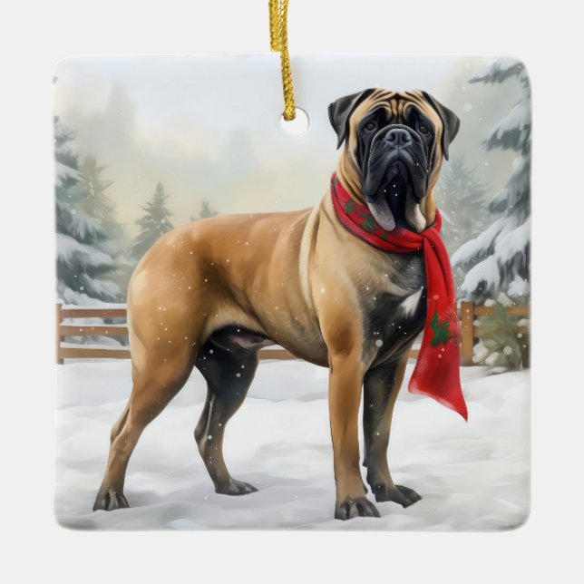 Bullmastiff Hund im Schnee Weihnachten Keramikornament (Vorderseite)