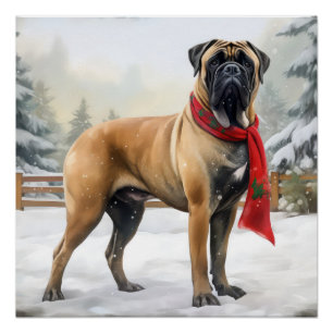 Bullmastiff Hund im Schnee Weihnachten Poster