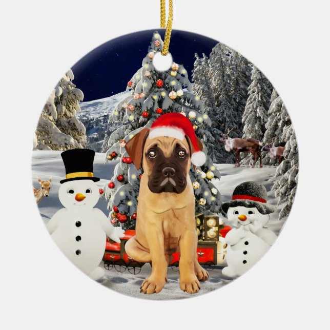 Bullmastiff Hund im Schnee Weihnachtshütte Lichter Keramik Ornament (Vorne)