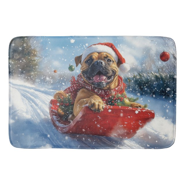 Bullmastiff Hund in Sledge Let it Schnee Weihnacht Badematte (Vorderseite)
