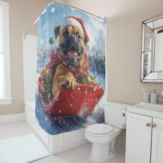 Bullmastiff Hund in Sledge Let it Schnee Weihnacht Duschvorhang (Beispiel)
