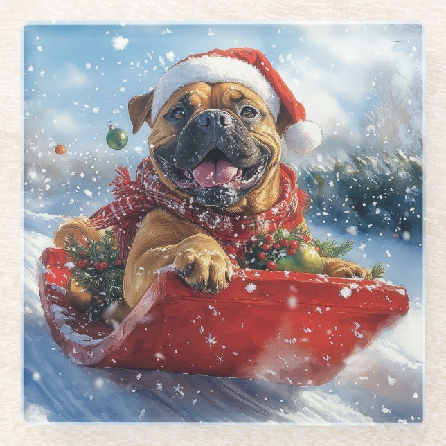 Bullmastiff Hund in Sledge Let it Schnee Weihnacht Glasuntersetzer (Vorderseite)