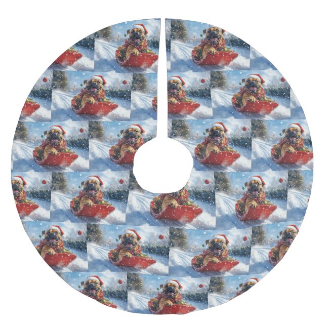 Bullmastiff Hund in Sledge Let it Schnee Weihnacht Polyester Weihnachtsbaumdecke (Vorderseite)