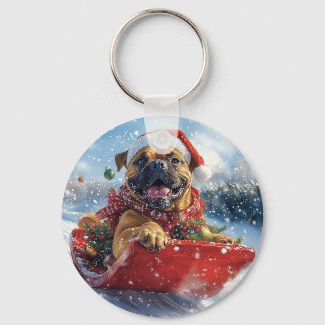 Bullmastiff Hund in Sledge Let it Schnee Weihnacht Schlüsselanhänger (Vorderseite)