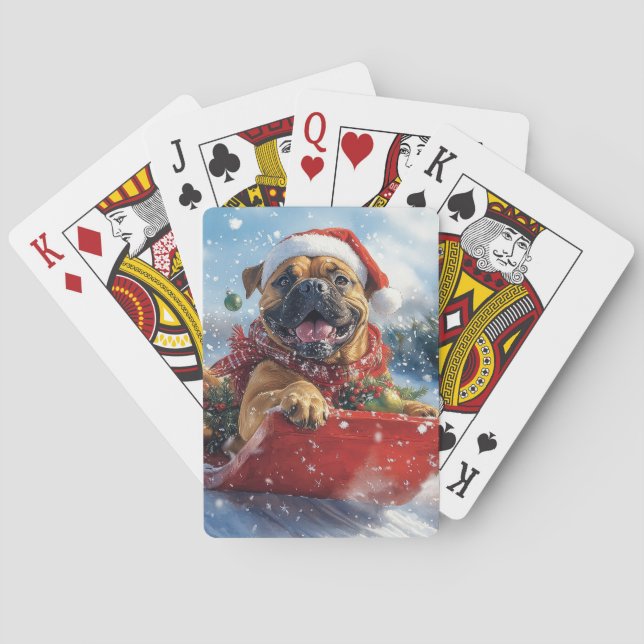 Bullmastiff Hund in Sledge Let it Schnee Weihnacht Spielkarten (Rückseite)