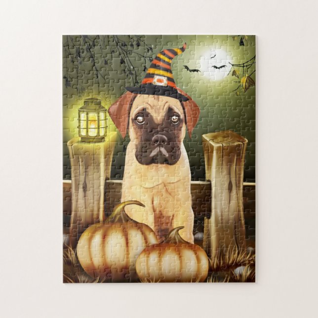 Bullmastiff Hund mit Hexenhutenhut Halloween (Vertikal)