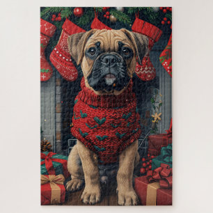 Bullmastiff-Hund mit Weihnachtsgeschenken Kamin