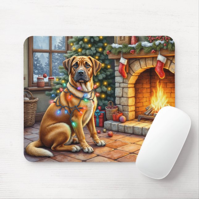 Bullmastiff-Kamin mit Weihnachtslichtern Mousepad (Mit Mouse)