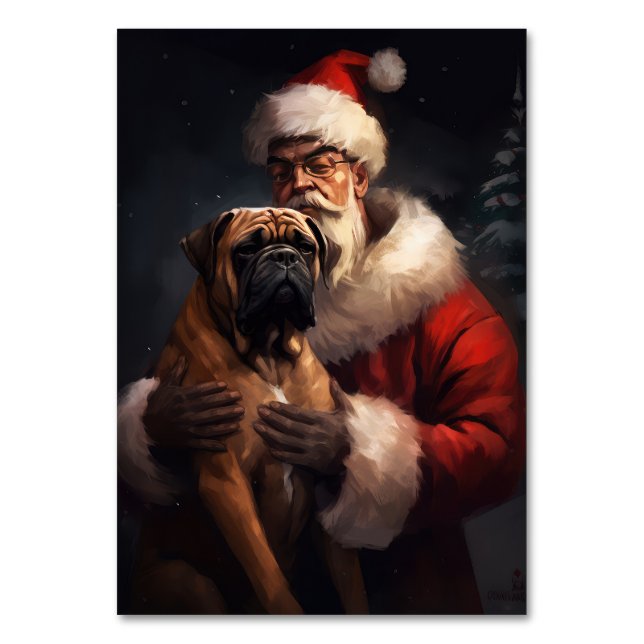 Bullmastiff mit Weihnachtsmann Weihnachten Tischnummer (Vorderseite)