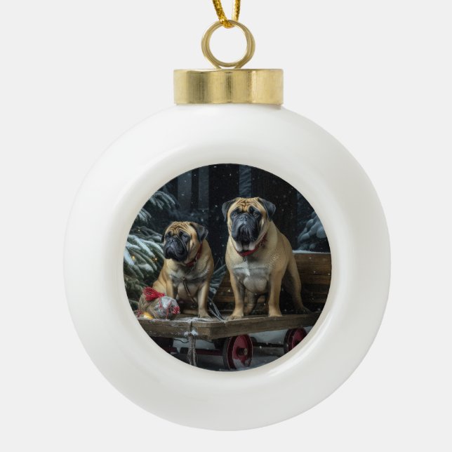 Bullmastiff Snowy Sleigh Weihnachtsdekor Keramik Kugel-Ornament (Vorderseite)