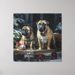 Bullmastiff Snowy Sleigh Weihnachtsdekor Leinwanddruck