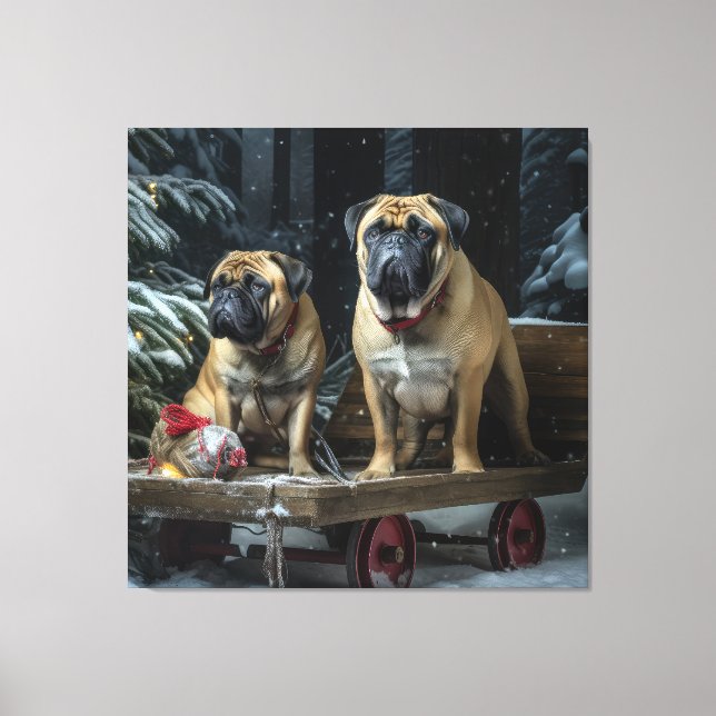 Bullmastiff Snowy Sleigh Weihnachtsdekor Leinwanddruck (Vorderseite)