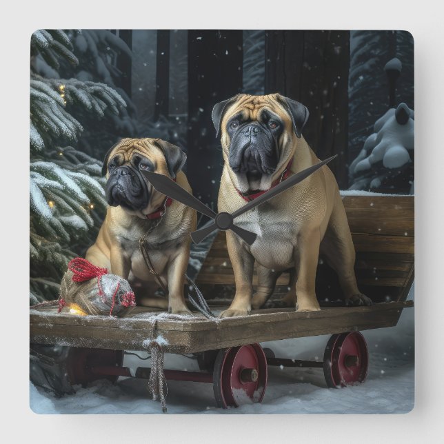 Bullmastiff Snowy Sleigh Weihnachtsdekor Quadratische Wanduhr (Vorderseite)
