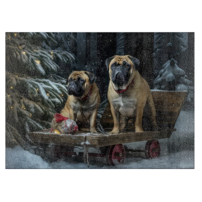 Bullmastiff Snowy Sleigh Weihnachtsdekor Schneidebrett (Vorderseite)