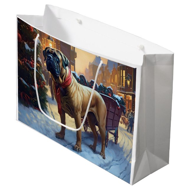Bullmastiff Weihnachtsfeiertage Große Geschenktüte (Vorderseite Schrägansicht)