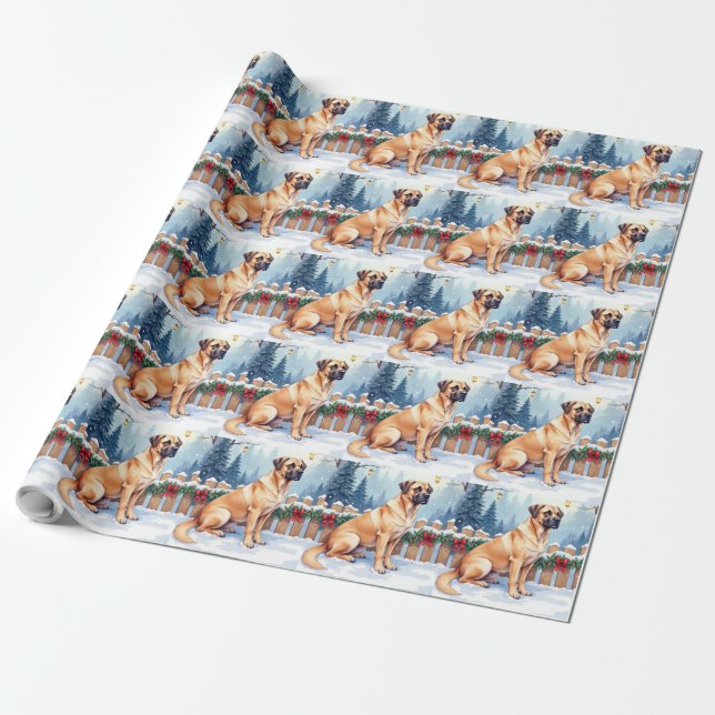 Bullmastiff Winter Forest Holly Christmas Art Geschenkpapier (Ungerollt)