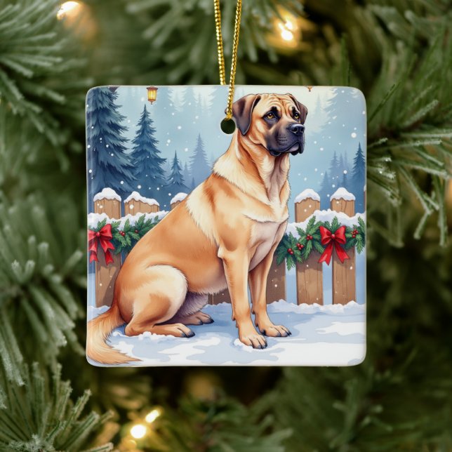 Bullmastiff Winter Forest Holly Christmas Art Keramikornament (Baum)