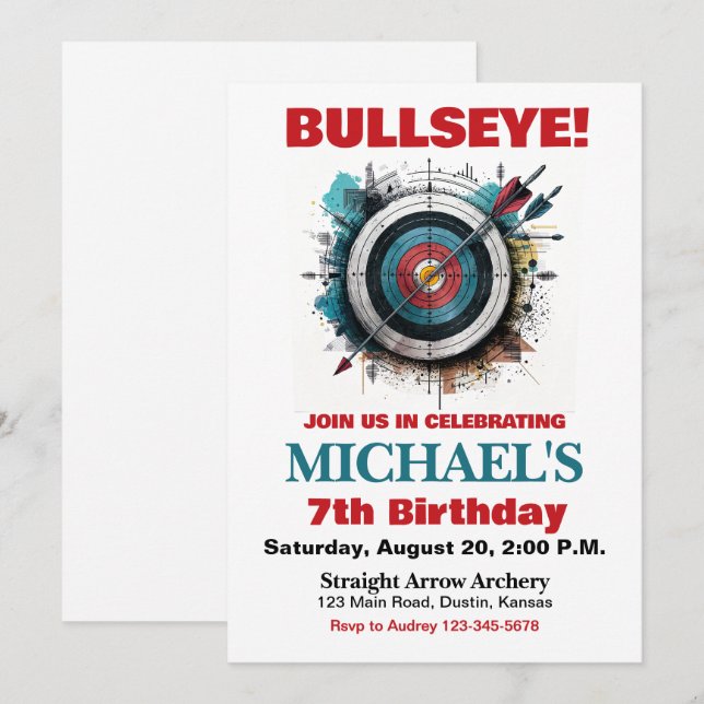 Bullseye Archery Birthday Party Einladung (Vorne/Hinten)