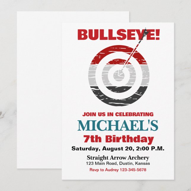 Bullseye Archery Birthday Party Einladung (Vorne/Hinten)