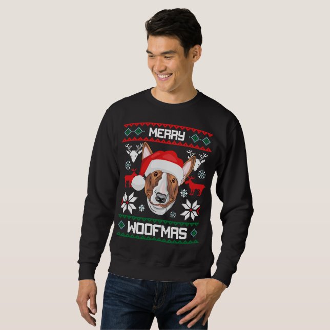 Bullterrier frohe Woofmas Weihnachten Sweatshirt (Vorne ganz)