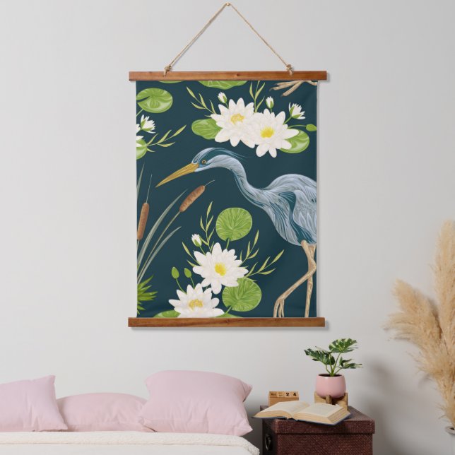 Bulrush Lily Blume Vogelherde Landschaft Wandteppich Mit Holzrahmen (Schlafzimmer)