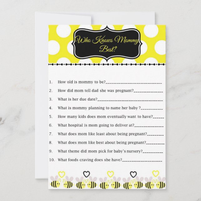 Bumble Bee Baby Shower Game, das Mommy Best kennt (Vorderseite)