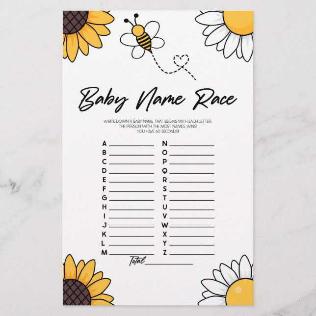Bumble Bee Name Race Baby Shower Game-Aktivität Briefpapier (Vorderseite)