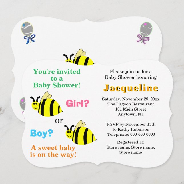 Bumble Bee Pink Blue Rattles Baby Shower Einladung (Vorne/Hinten)