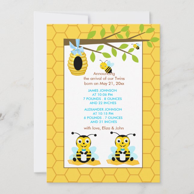 Bumble Bee Twins Garçon Baby Faire-part de naissan (Devant)