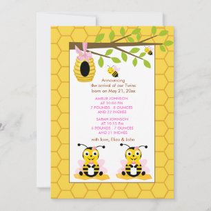 Bumble Bee Twins Girl Baby Faire-part de naissance