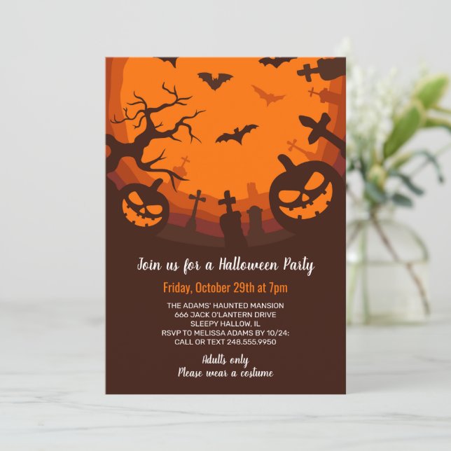 Bumkins Bats Graves Schwarzes Orange Halloween-Par Einladung (Stehend Vorderseite)