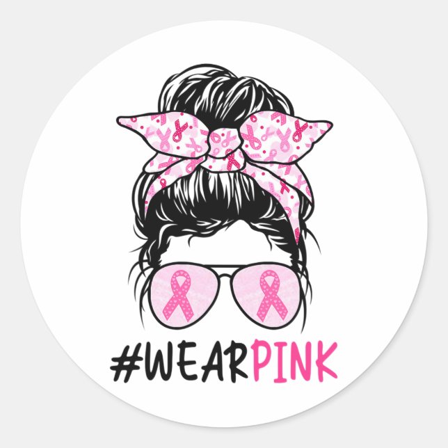Bun Gles tragen rosa Niedliches Brustkrebs-Bewusst Runder Aufkleber (Vorderseite)