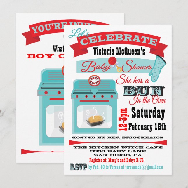 "Bun in Ofen" Gender Reveal Baby Shower Einladung (Vorne/Hinten)
