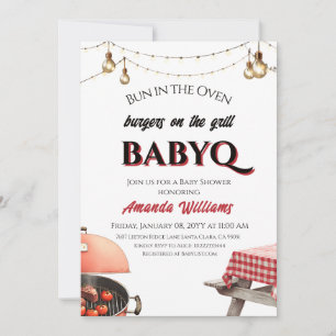 Bun in Oven Burger on Grill BabyQ GRILLEN Baby Sho Einladung