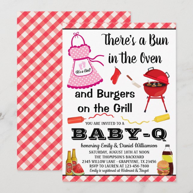 Bun in Oven Girl Barbecue Babydusche Einladung (Vorne/Hinten)