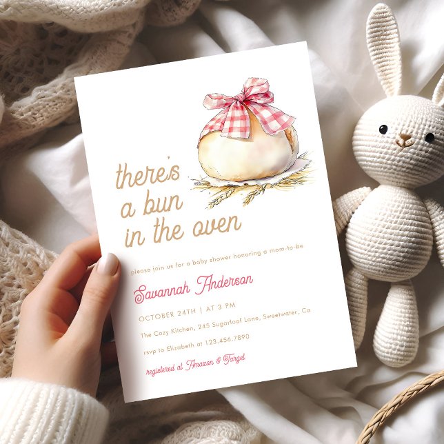 Bun in Oven Pink Gingham Bow Babydusche Einladung (Von Creator hochgeladen)