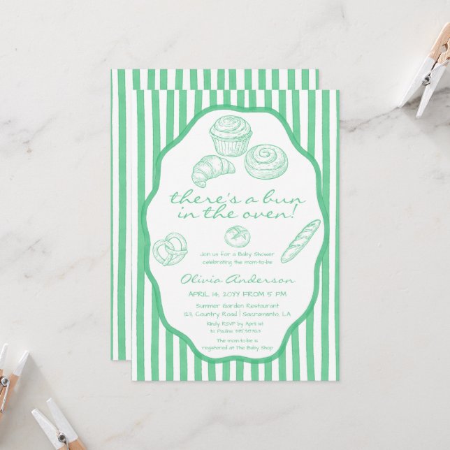 Bun in the oven green pinstripes Baby Shower Einladung (Vorderseite/Rückseite Beispiel)