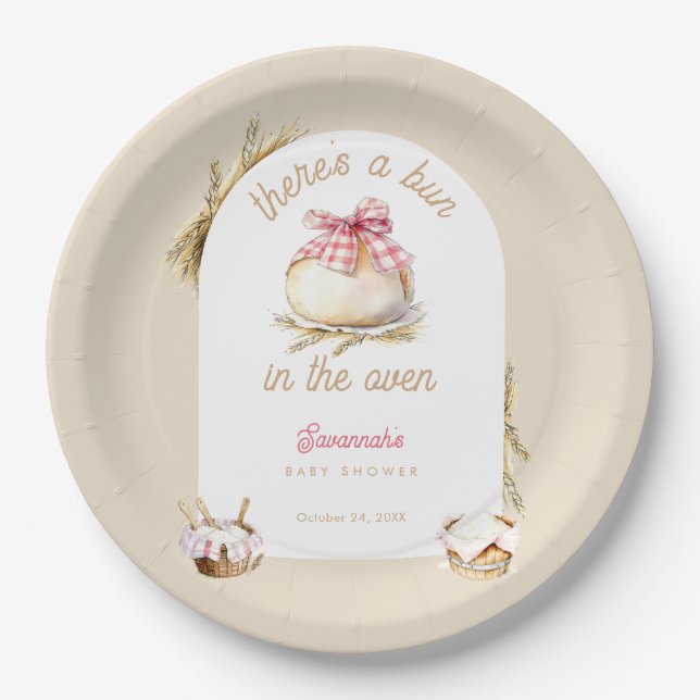 Bun In The Oven Pink Gingham Bow Baby Shower Pappteller (Vorderseite)