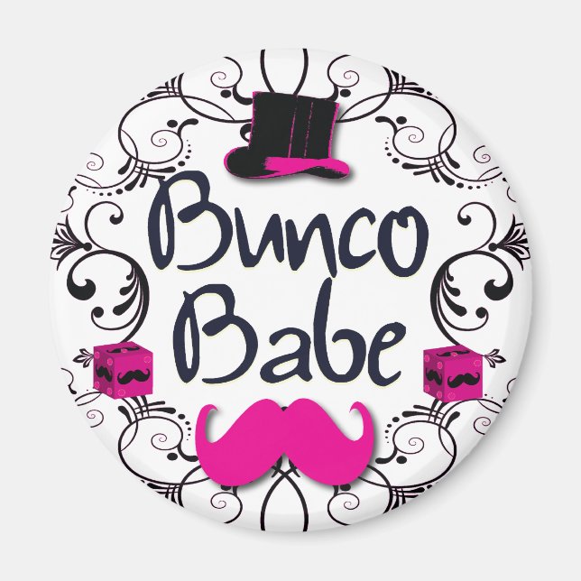 Bunco Babe mit rosa Top Hat und rosa Mustache Magnet (Vorne)