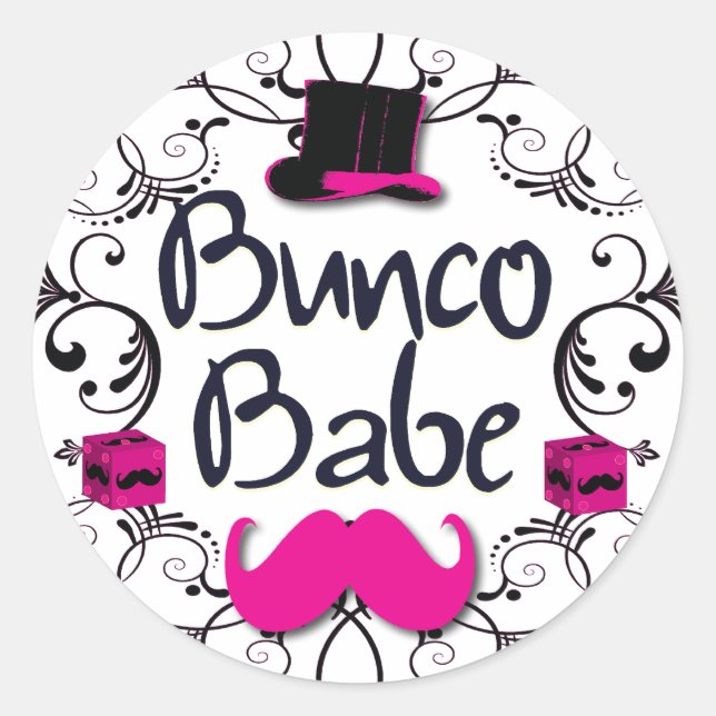 Bunco Babe mit rosa Top Hat und rosa Mustache Runder Aufkleber (Vorderseite)