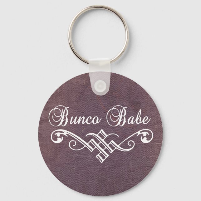 Bunco-Babe mit weißer Schrift und lila Leder Schlüsselanhänger (Vorderseite)